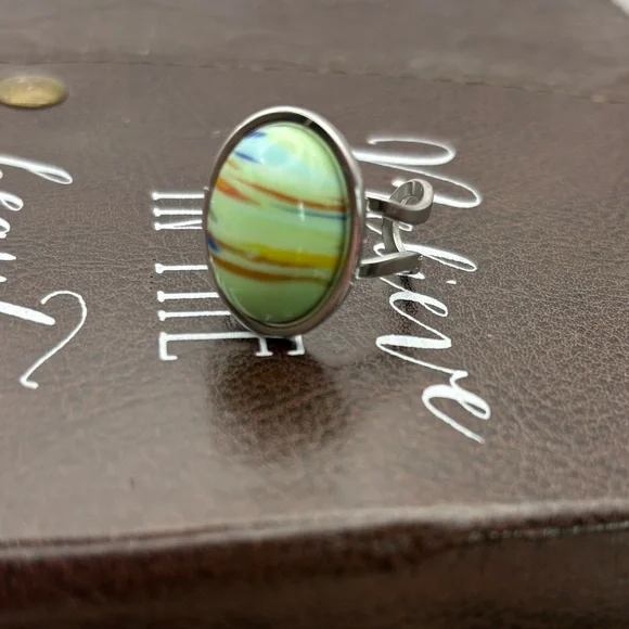 Vintage 70s Mint Green Striped Ring Adjustable - Picture 2 of 8